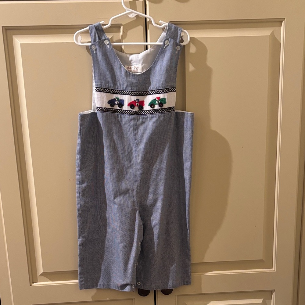 Navy blue gingham smocked race car romper